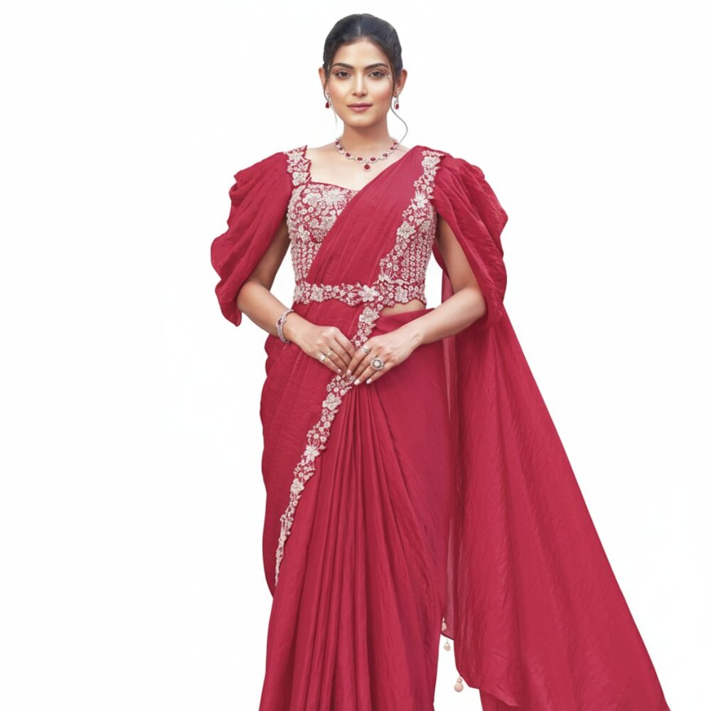 Elegant Women's Satin Silk Red Saree with Sequins and Pearl Work